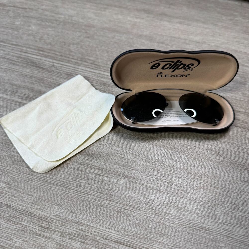E Clips Tinted Sunglasses Clip On With Flexon Case Cleaning Cloth Lot Gray Lens